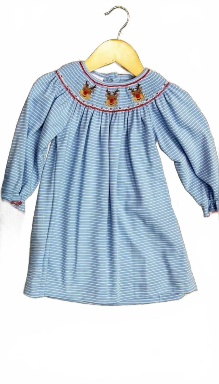 NEW PETIT BEBE girl's stripe reindeer dress in blue